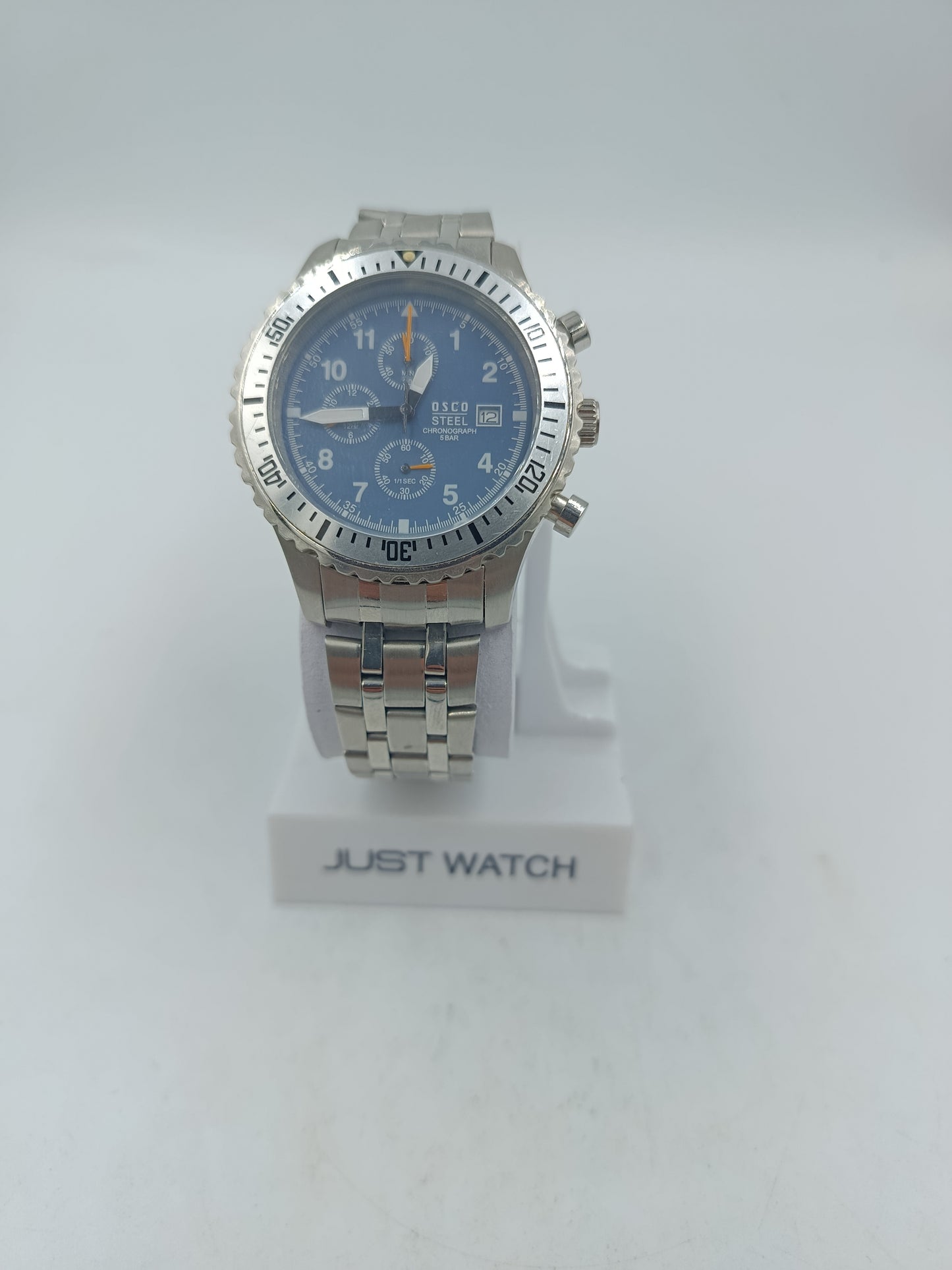 Osco Steel Chronograph Herren Uhr Edelstahl Blau Datum 5BAR