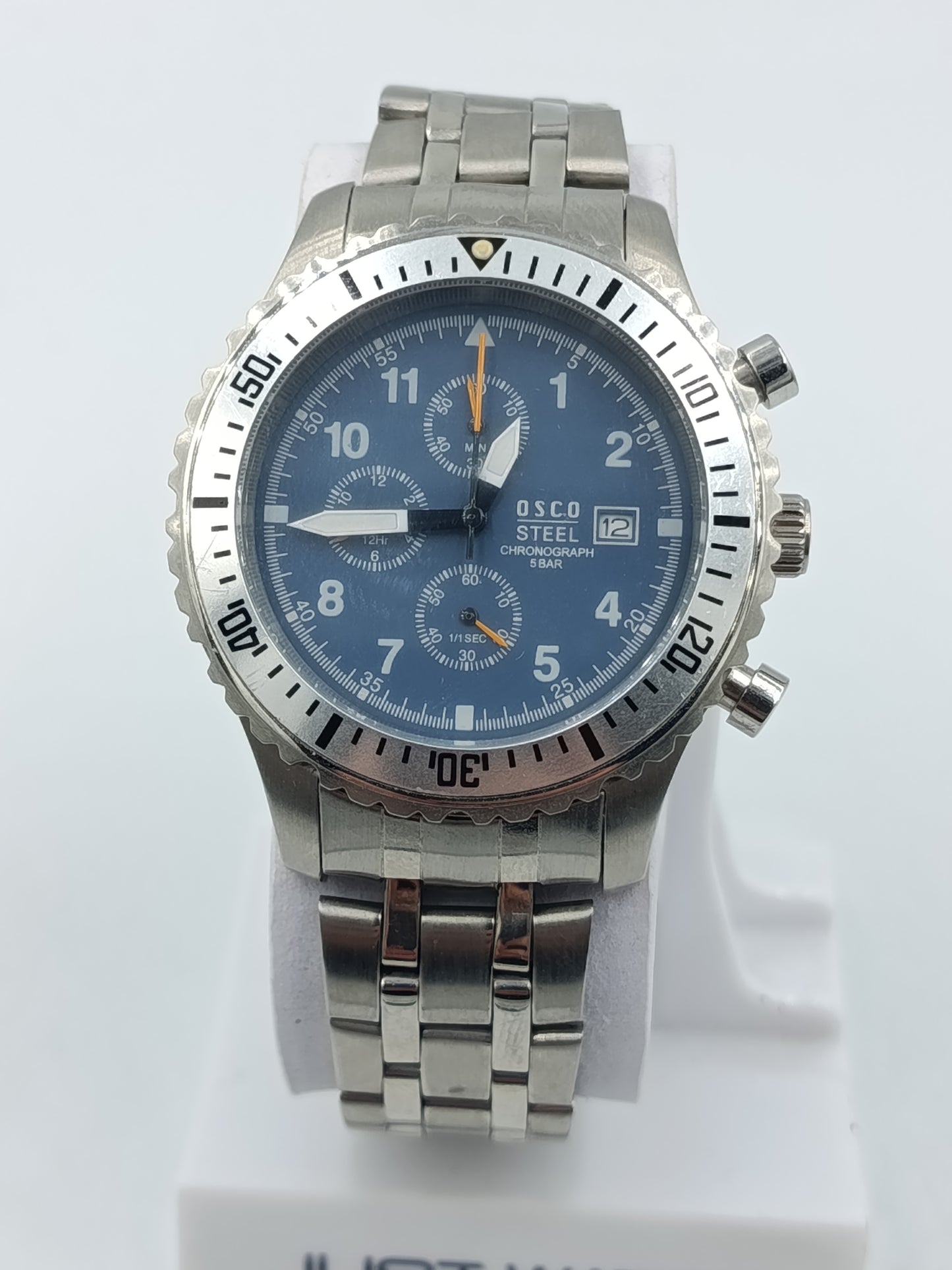 Osco Steel Chronograph Herren Uhr Edelstahl Blau Datum 5BAR