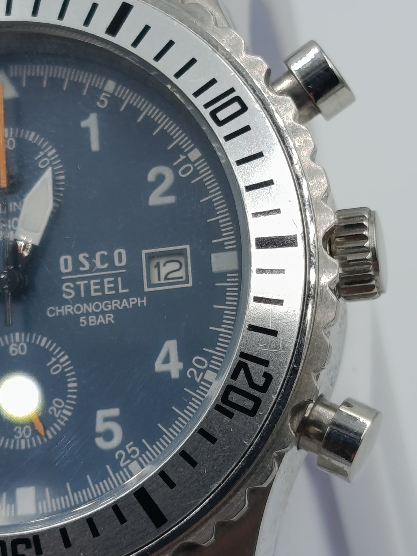 Osco Steel Chronograph Herren Uhr Edelstahl Blau Datum 5BAR
