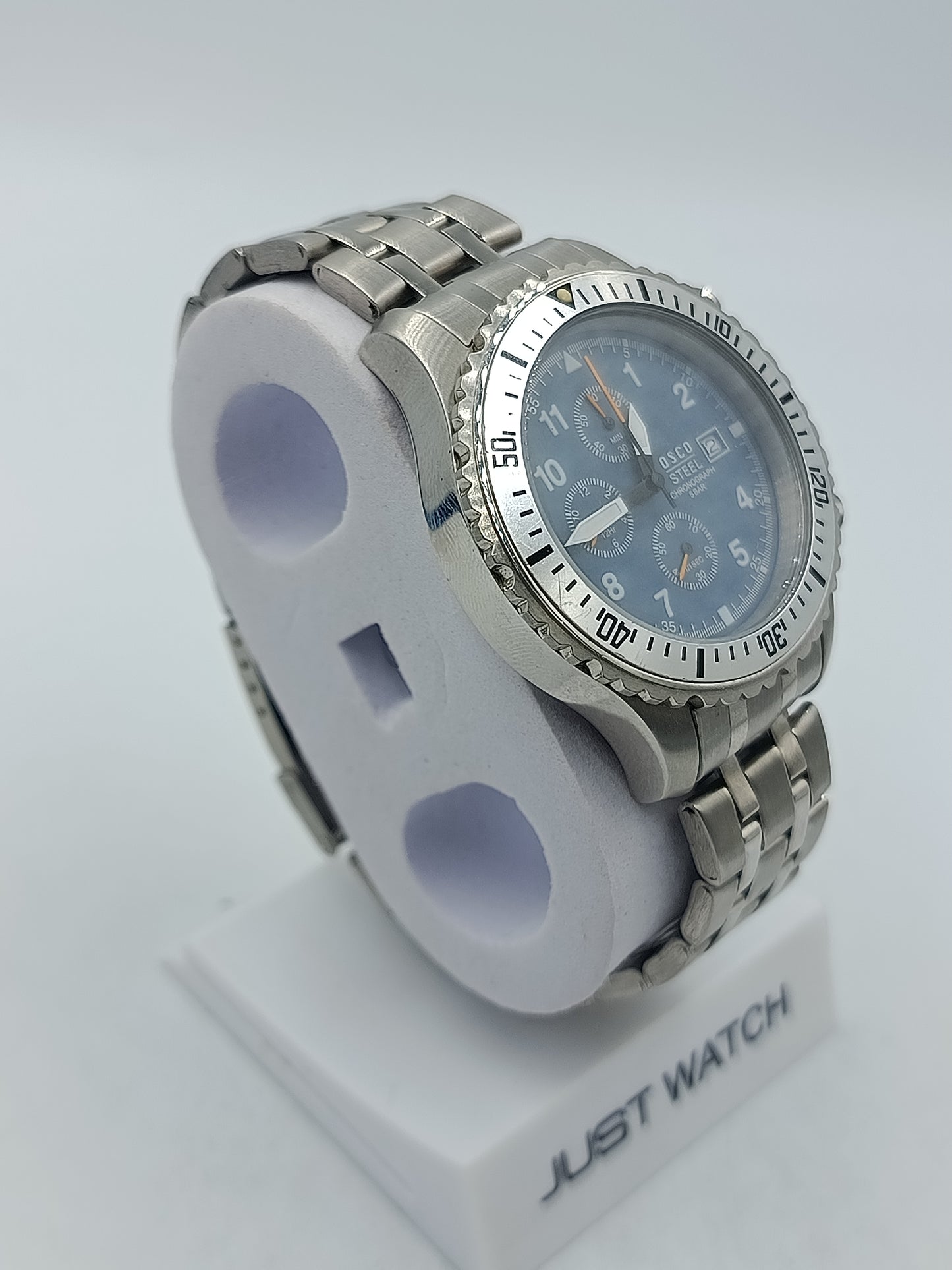 Osco Steel Chronograph Herren Uhr Edelstahl Blau Datum 5BAR