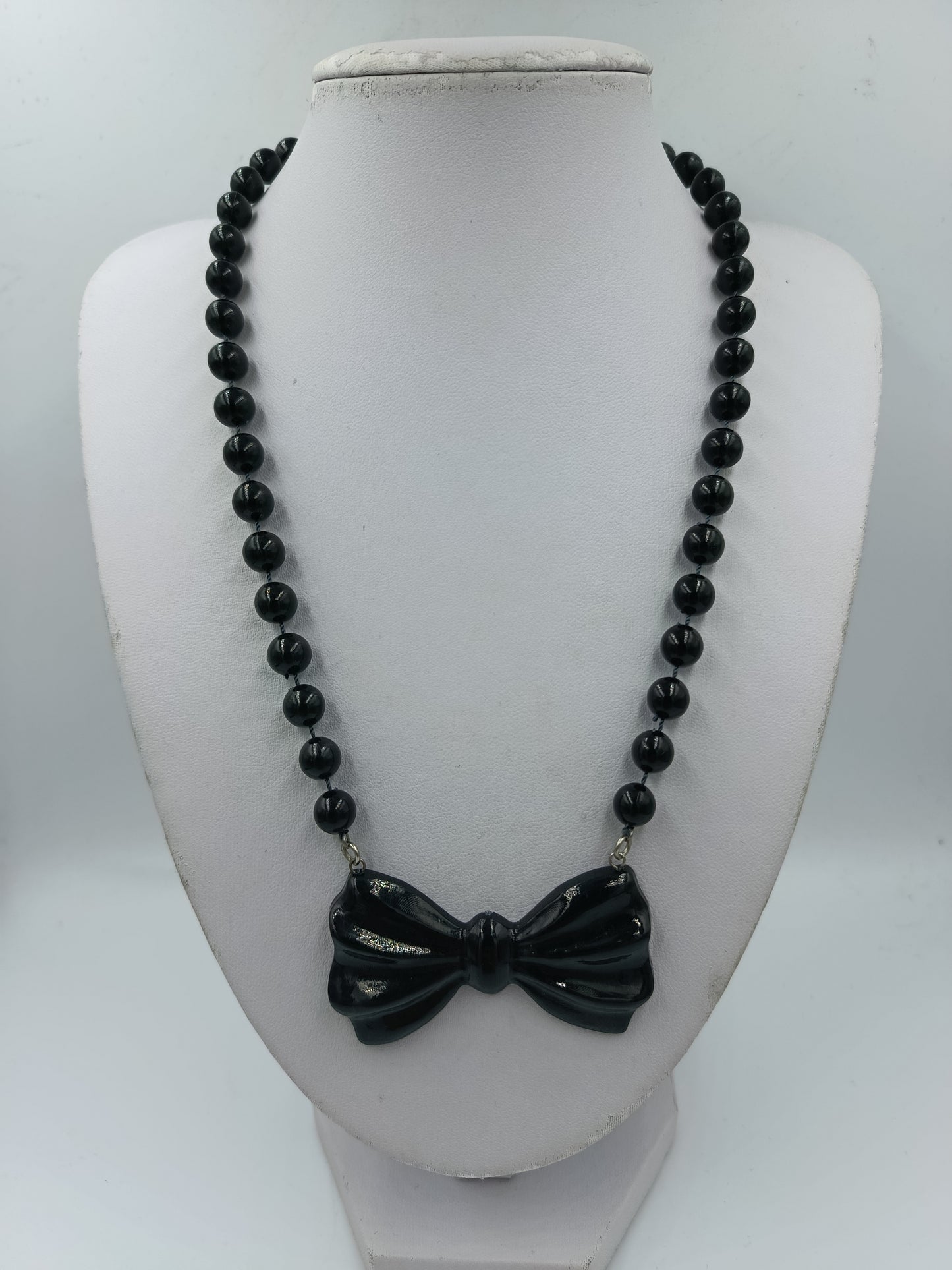 Vintage Halskette Schleife Schwarz Perlenkette 49cm Retro Statement