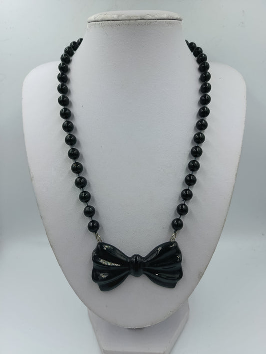 Vintage Halskette Schleife Schwarz Perlenkette 49cm Retro Statement