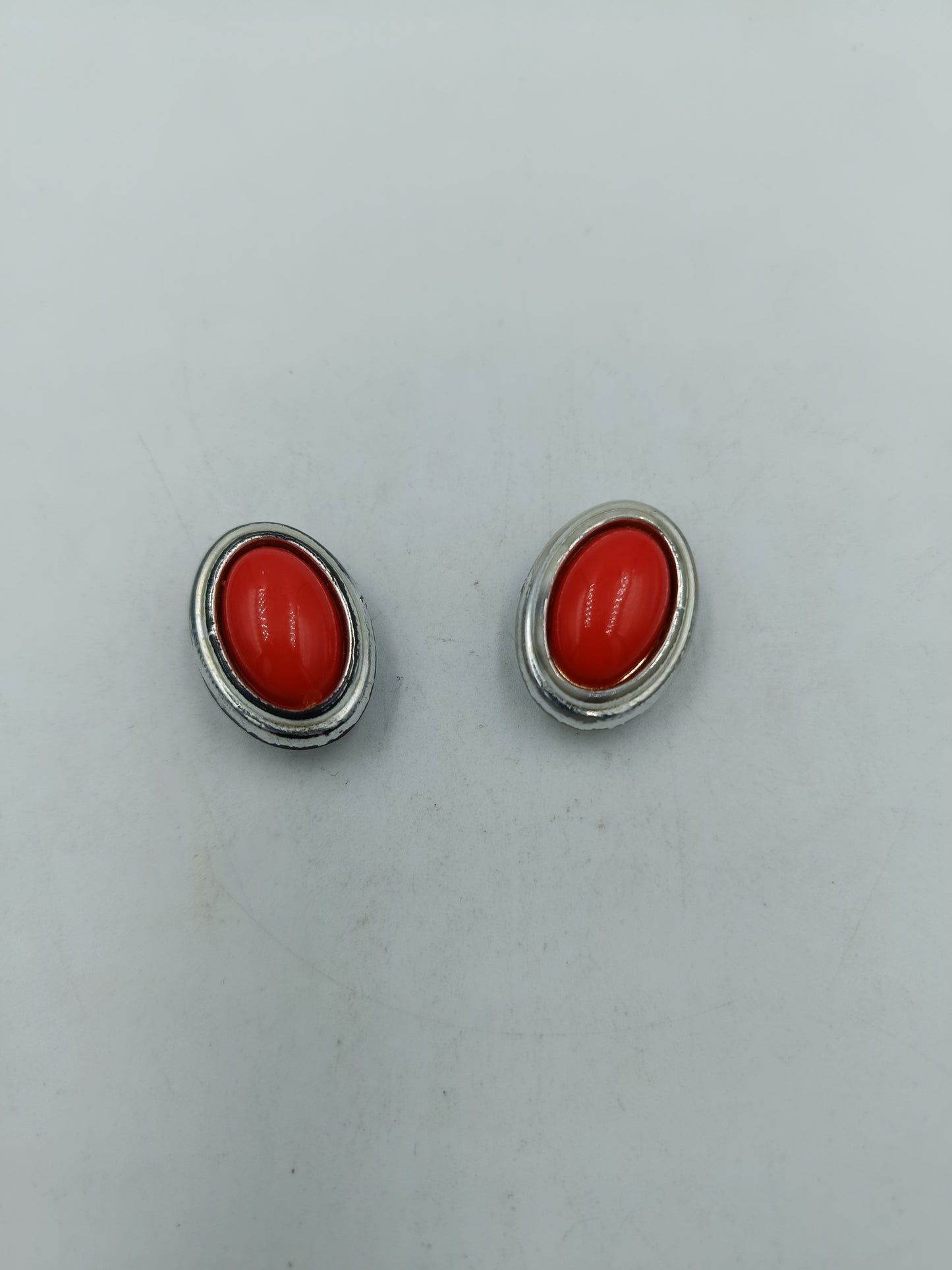 Vintage Ohrclips rot Cabochon silberfarben Retro Schmuck Ohrringe