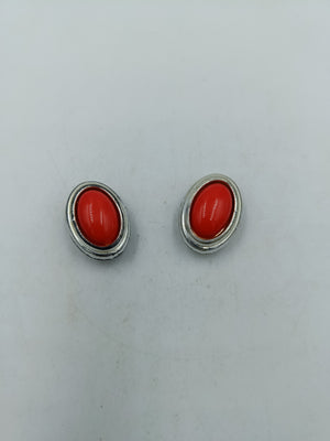 Vintage Ohrclips rot Cabochon silberfarben Retro Schmuck Ohrringe
