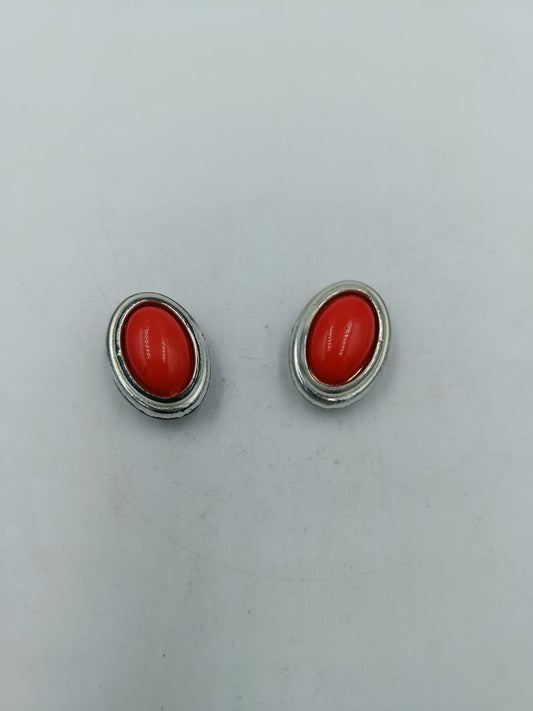 Vintage Ohrclips rot Cabochon silberfarben Retro Schmuck Ohrringe