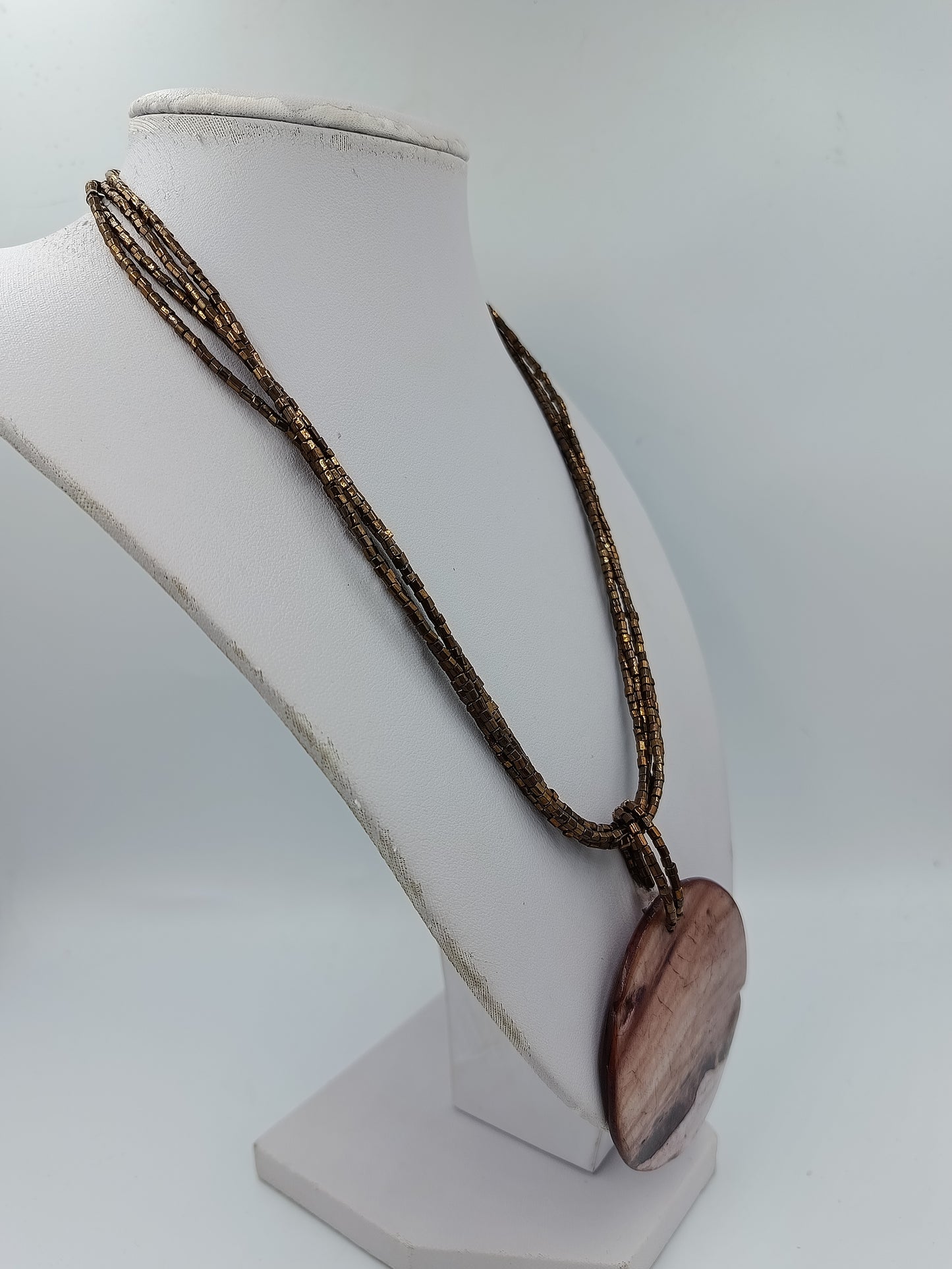 Vintage Halskette mit großem Anhänger Naturstein Optik Braun Beige Boho Stil