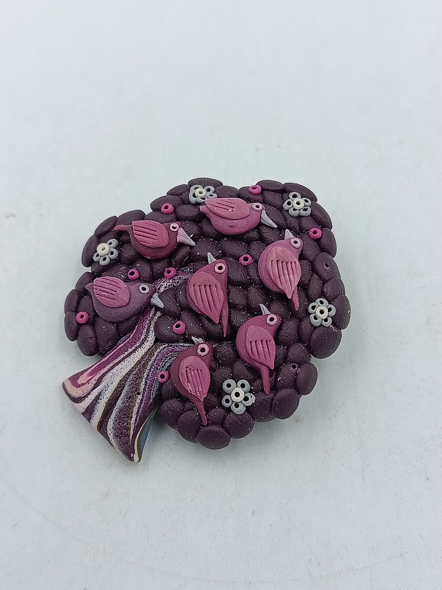 Handgefertigte Brosche Baum mit Vögeln Polymer Clay Unikat