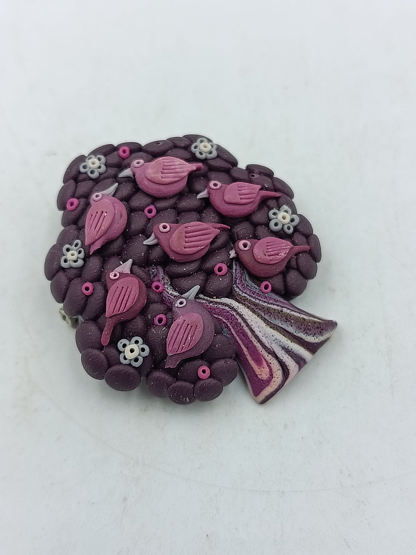 Handgefertigte Brosche Baum mit Vögeln Polymer Clay Unikat