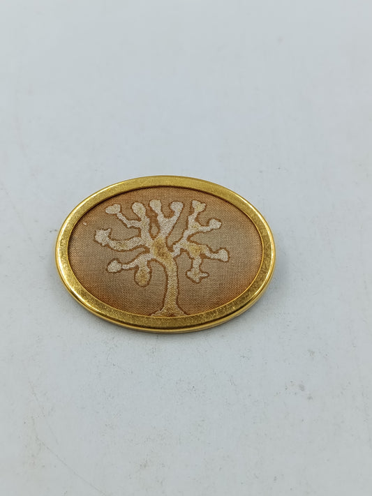 Vintage Brosche Baum Motiv Goldfarben Stoffeinlage Oval