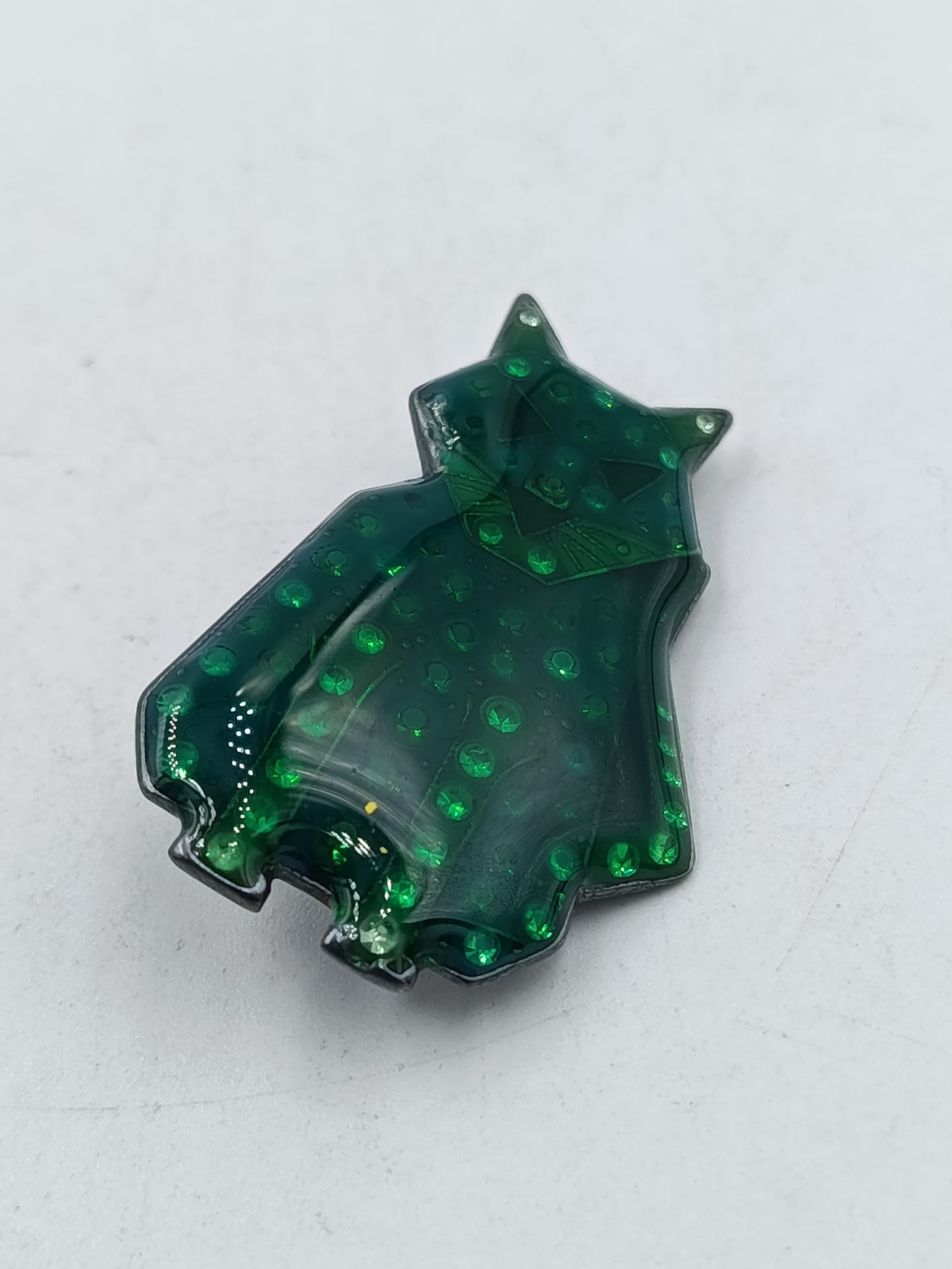 Vintage Brosche Katze Grün Kunststoff mit Glitzerpunkten Statement Accessoire
