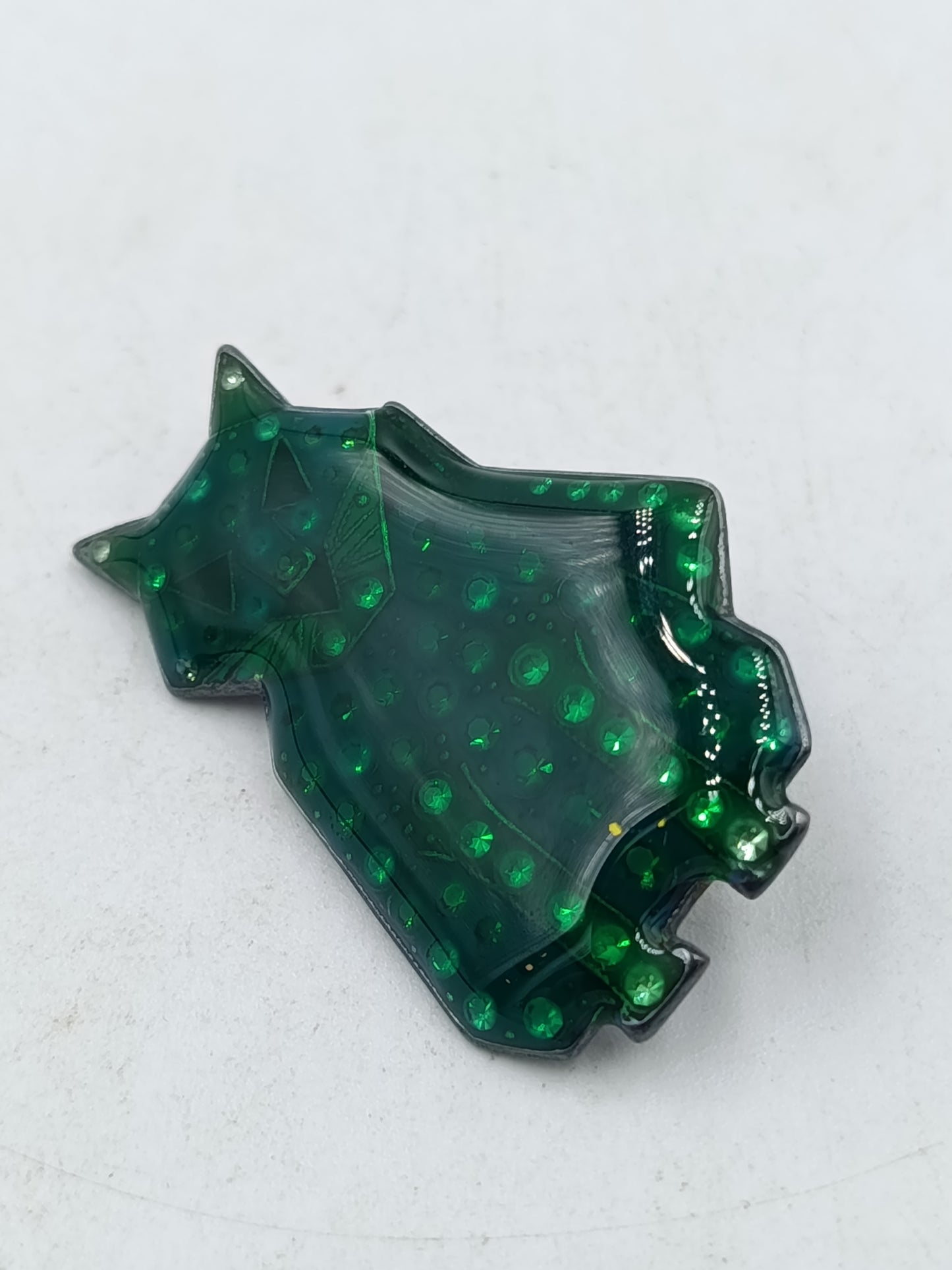 Vintage Brosche Katze Grün Kunststoff mit Glitzerpunkten Statement Accessoire