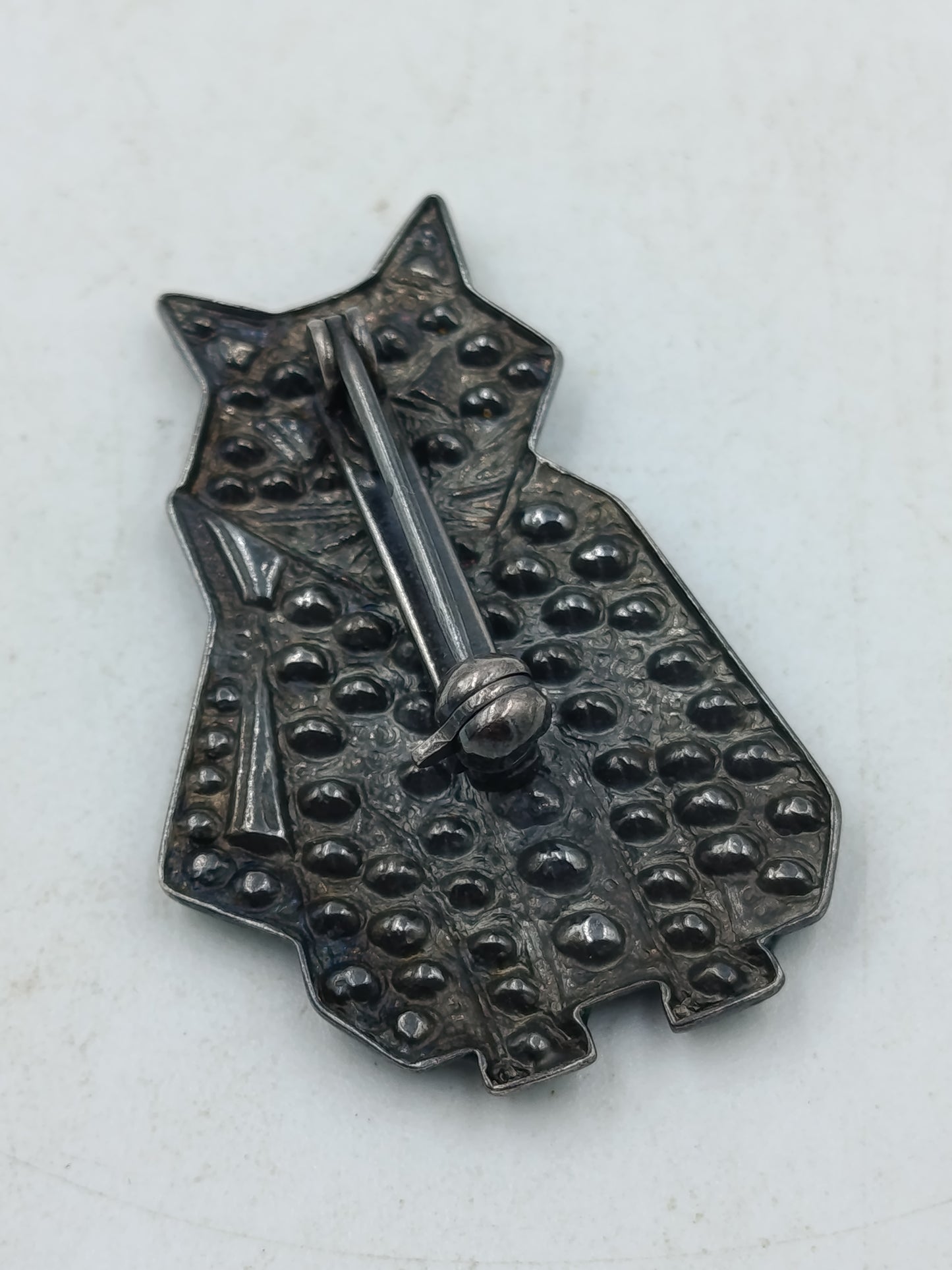 Vintage Brosche Katze Grün Kunststoff mit Glitzerpunkten Statement Accessoire