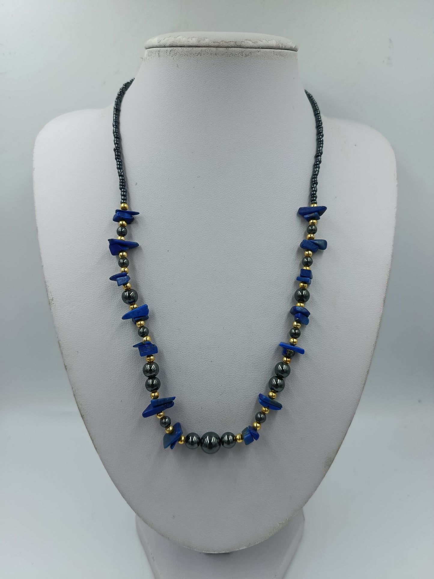 Halskette Lapis Lazuli  Hämatit Blau Goldfarben Vintage Stil