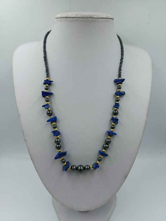 Halskette Lapis Lazuli  Hämatit Blau Goldfarben Vintage Stil