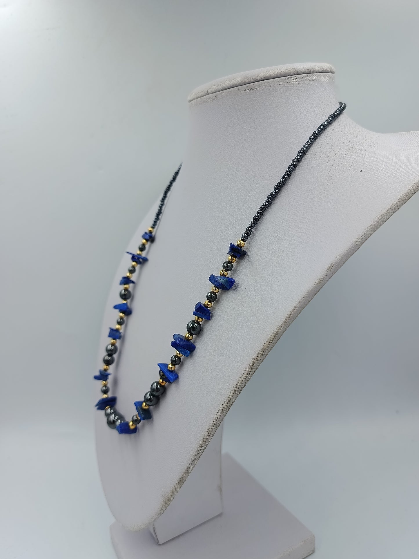 Halskette Lapis Lazuli  Hämatit Blau Goldfarben Vintage Stil