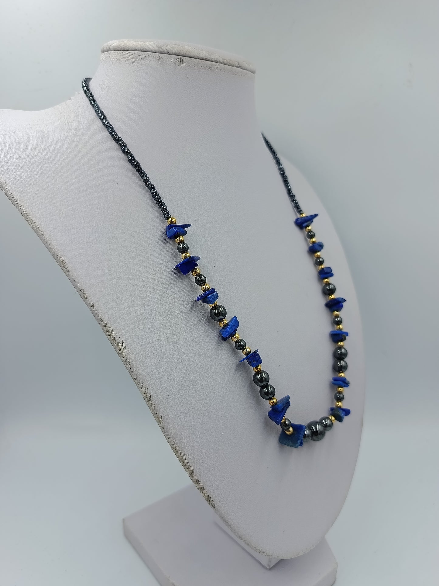 Halskette Lapis Lazuli  Hämatit Blau Goldfarben Vintage Stil