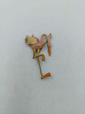 Vintage Flamingo Brosche Rosa Goldfarben Emaille Vogel