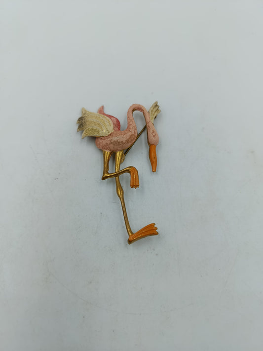 Vintage Flamingo Brosche Rosa Goldfarben Emaille Vogel