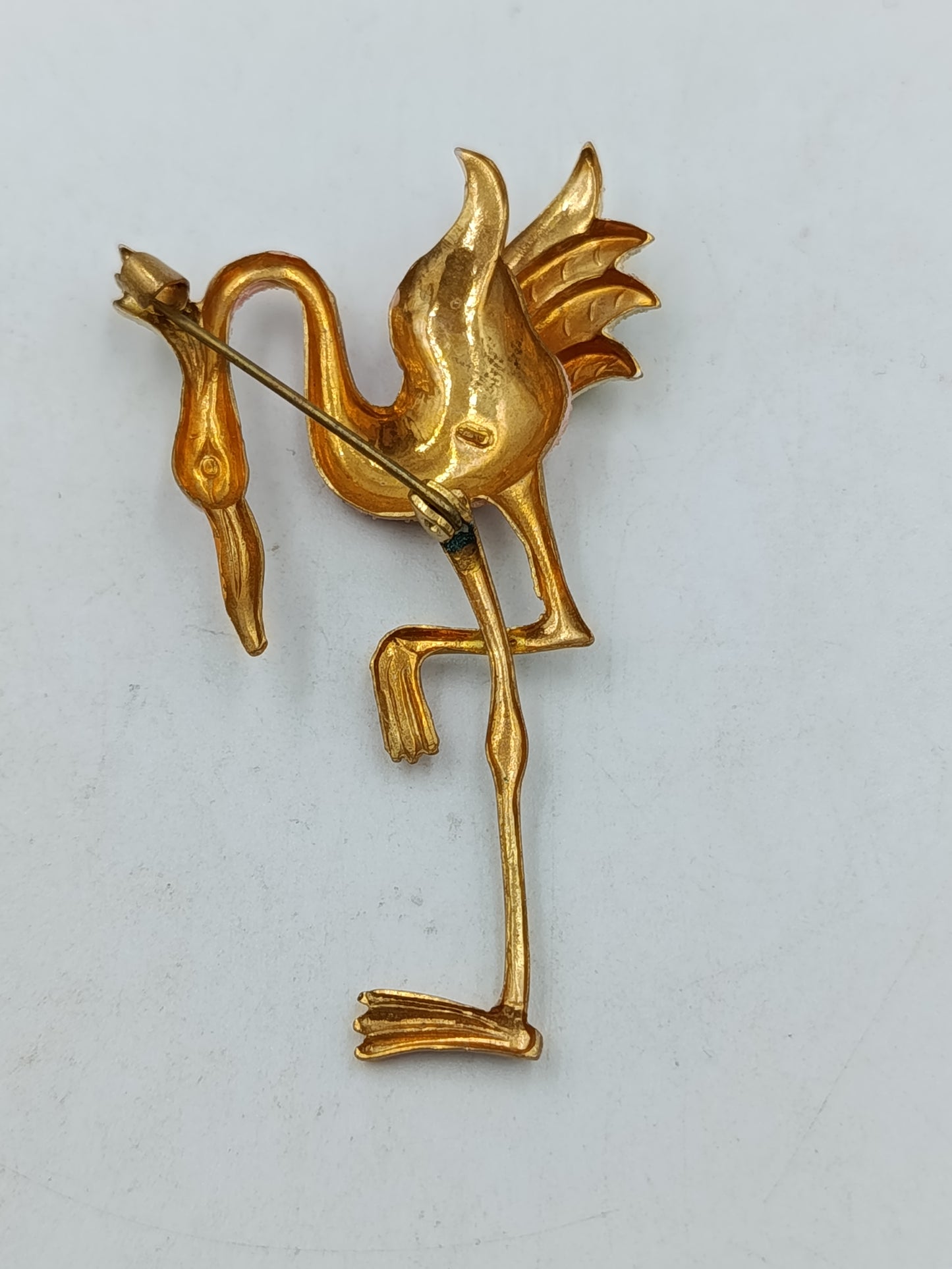 Vintage Flamingo Brosche Rosa Goldfarben Emaille Vogel