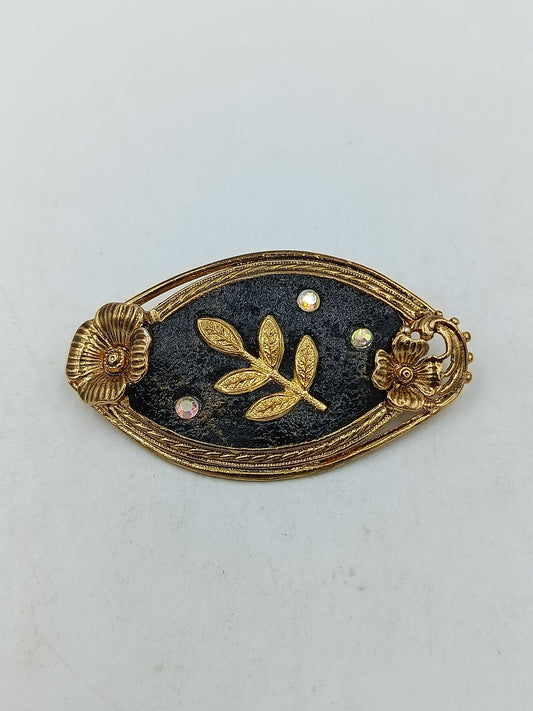 Vintage Brosche Floral Goldfarben Schwarz mit Strass Steinen Elegant