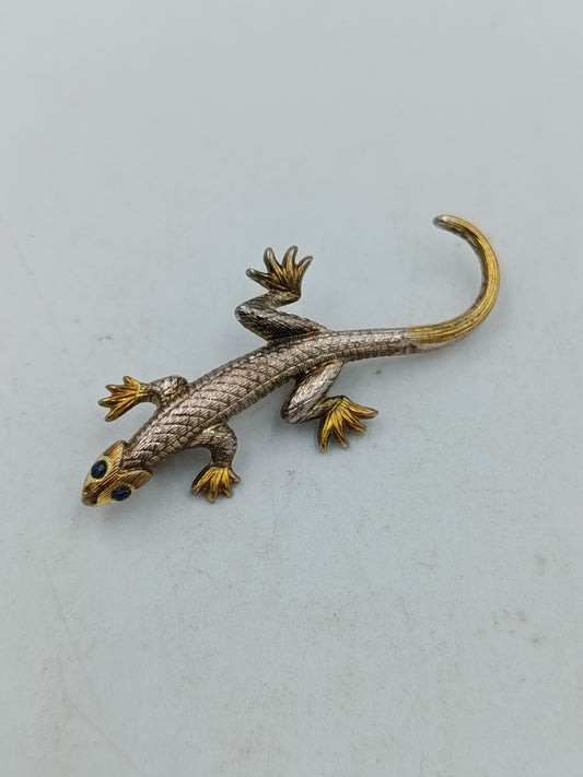 Vintage Brosche Eidechse Gecko Gold Silberfarben mit blauen Steinen