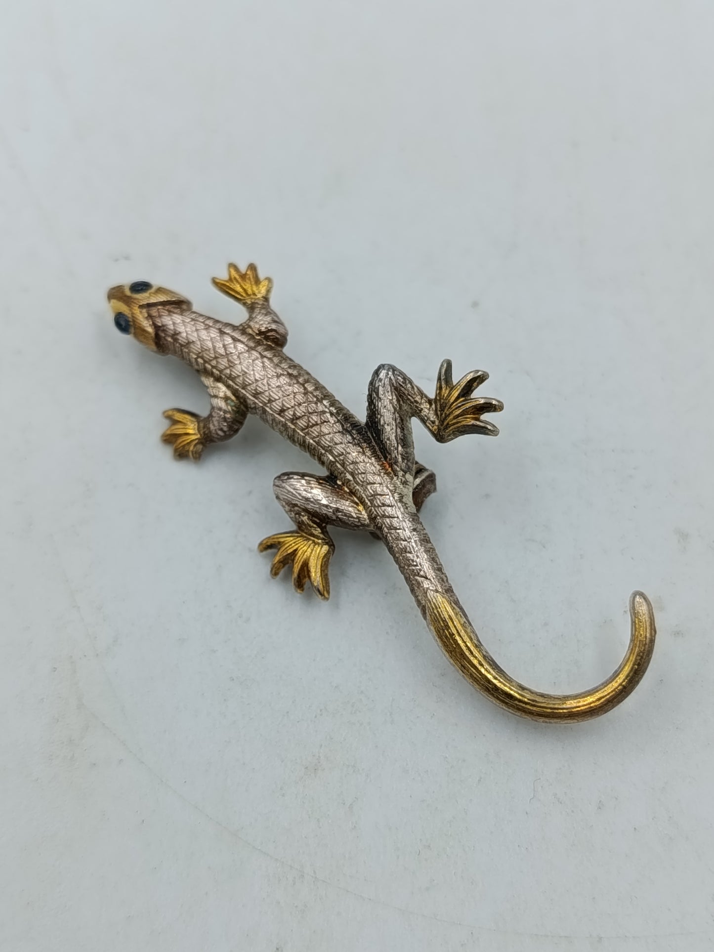 Vintage Brosche Eidechse Gecko Gold Silberfarben mit blauen Steinen