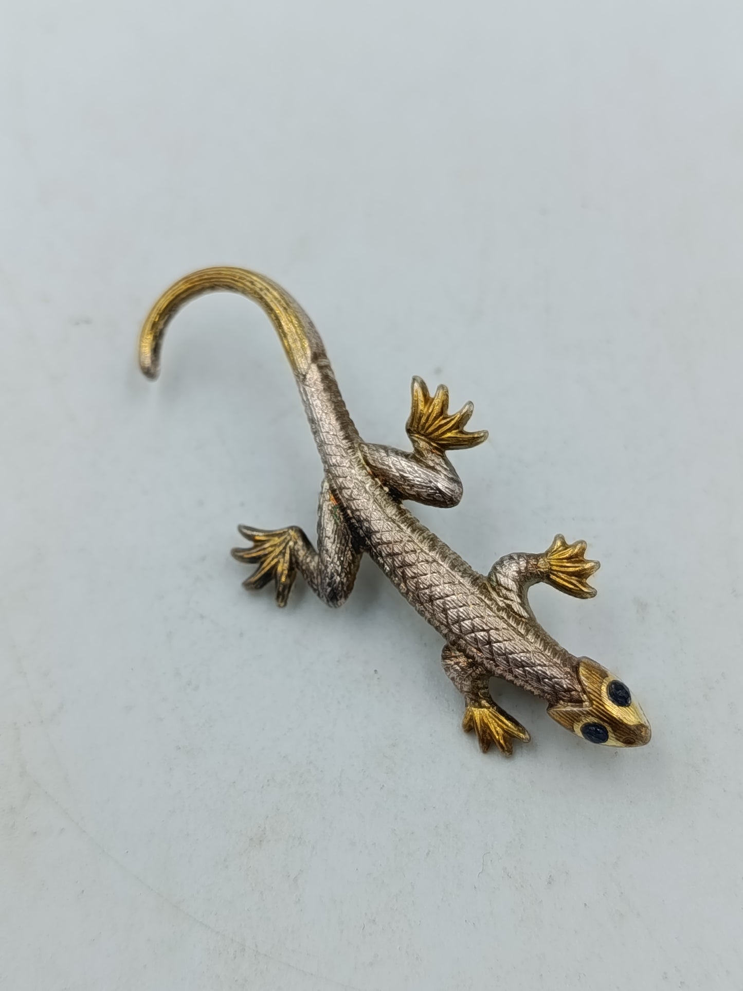Vintage Brosche Eidechse Gecko Gold Silberfarben mit blauen Steinen