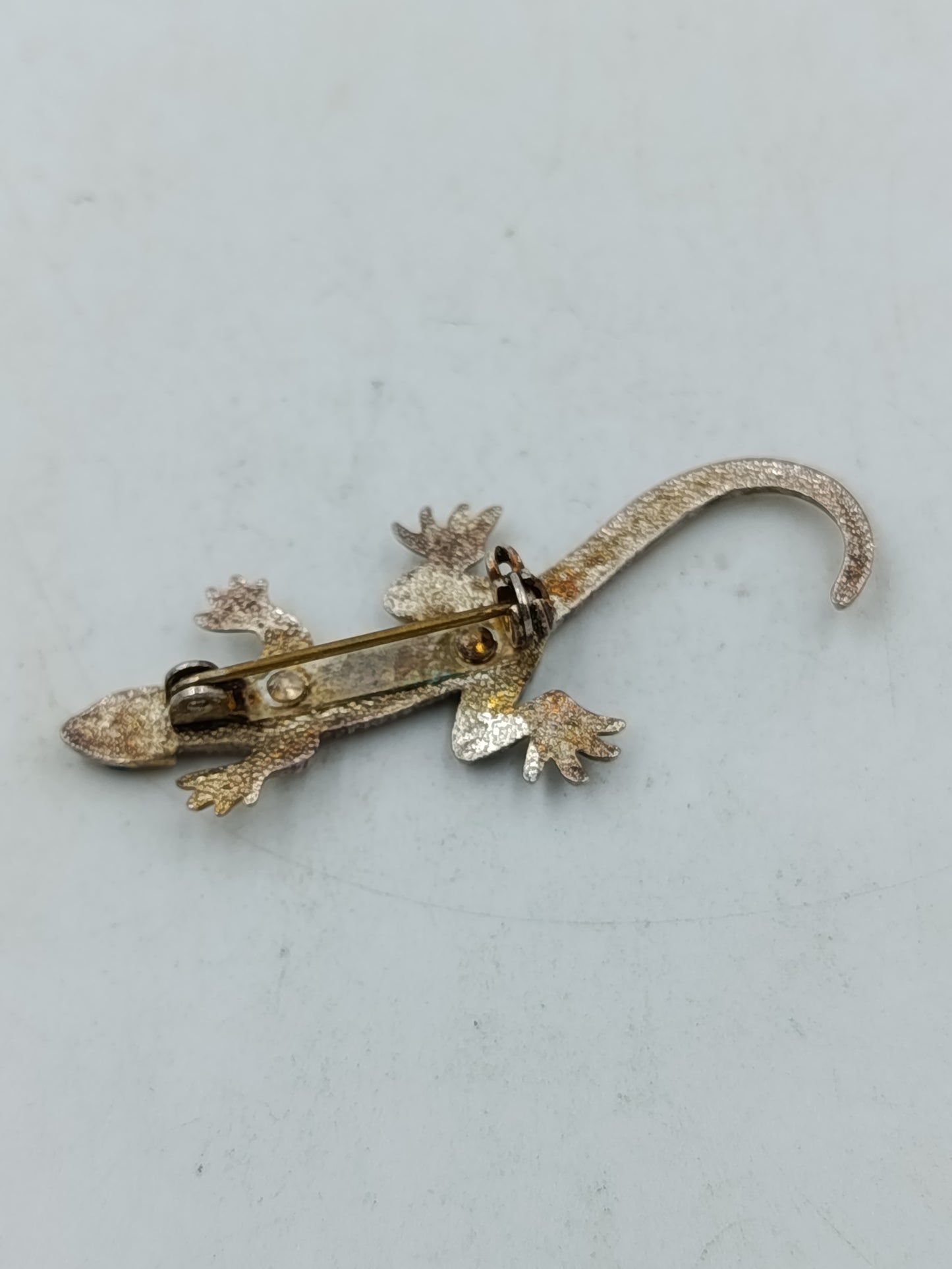 Vintage Brosche Eidechse Gecko Gold Silberfarben mit blauen Steinen
