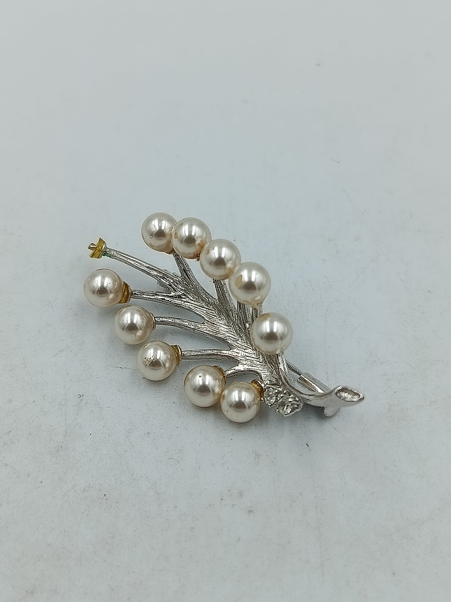 Vintage Brosche Perlen Strass Zweig Design silber elegant