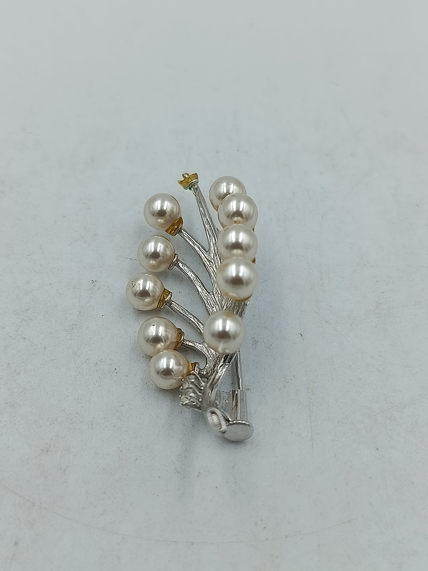 Vintage Brosche Perlen Strass Zweig Design silber elegant