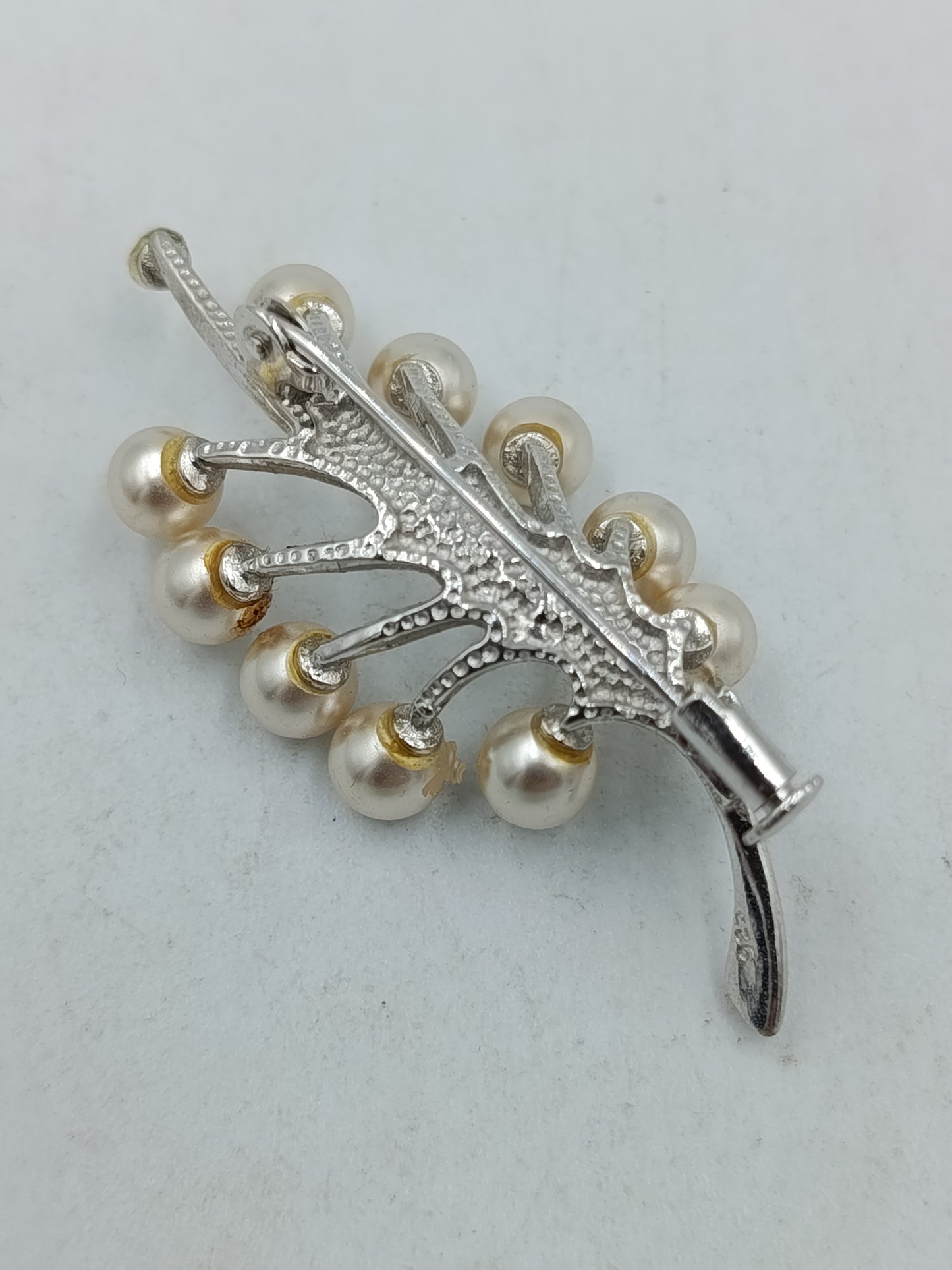 Vintage Brosche Perlen Strass Zweig Design silber elegant