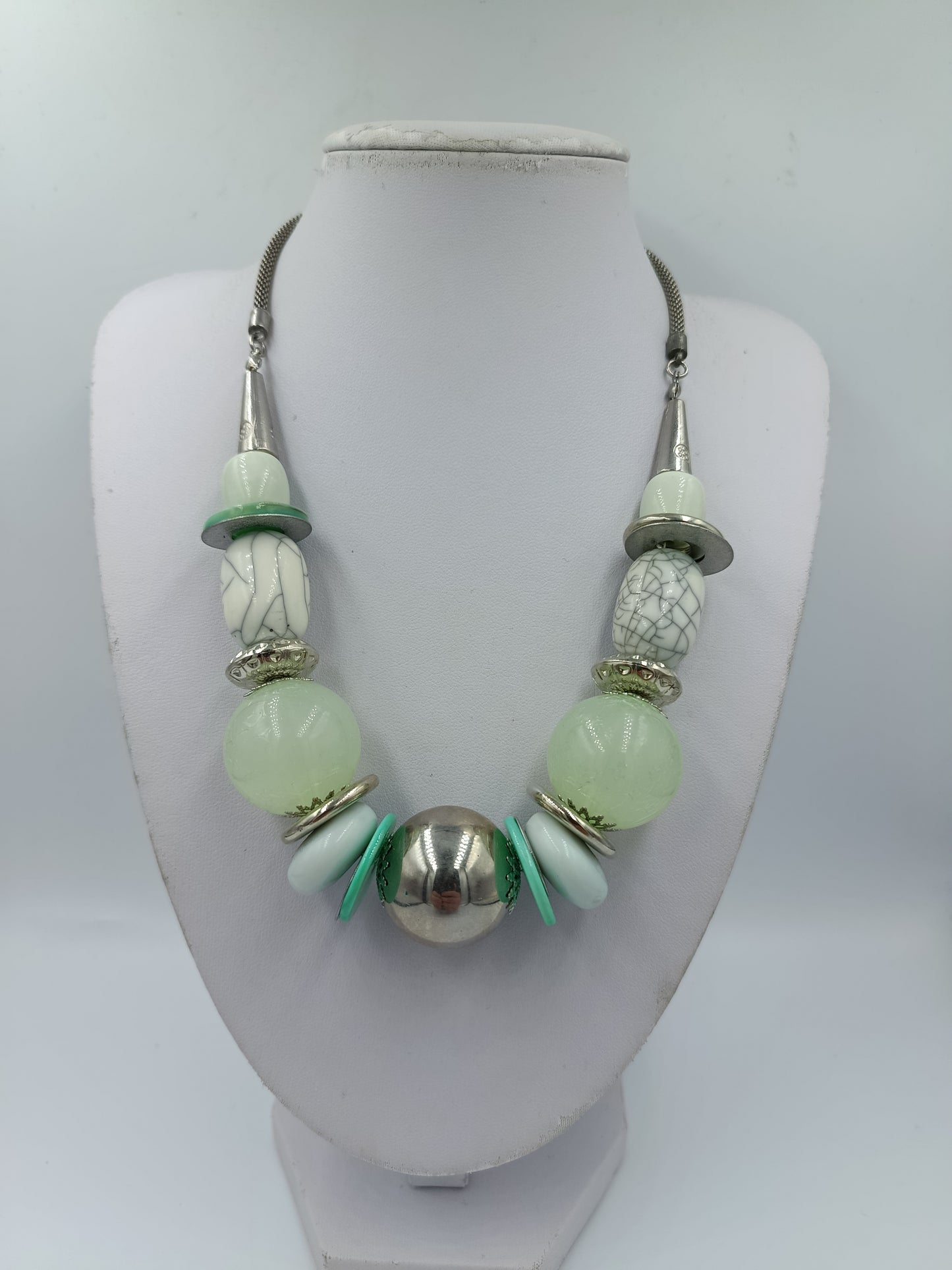 Statement Kette mintgrün silber große Perlen Vintage Design Collier