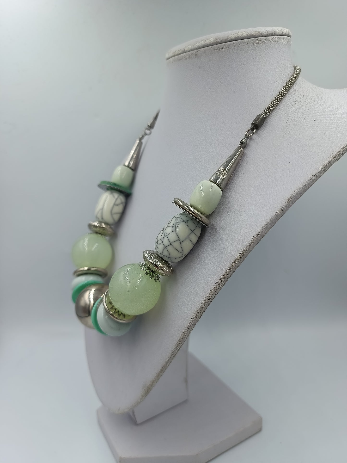 Statement Kette mintgrün silber große Perlen Vintage Design Collier