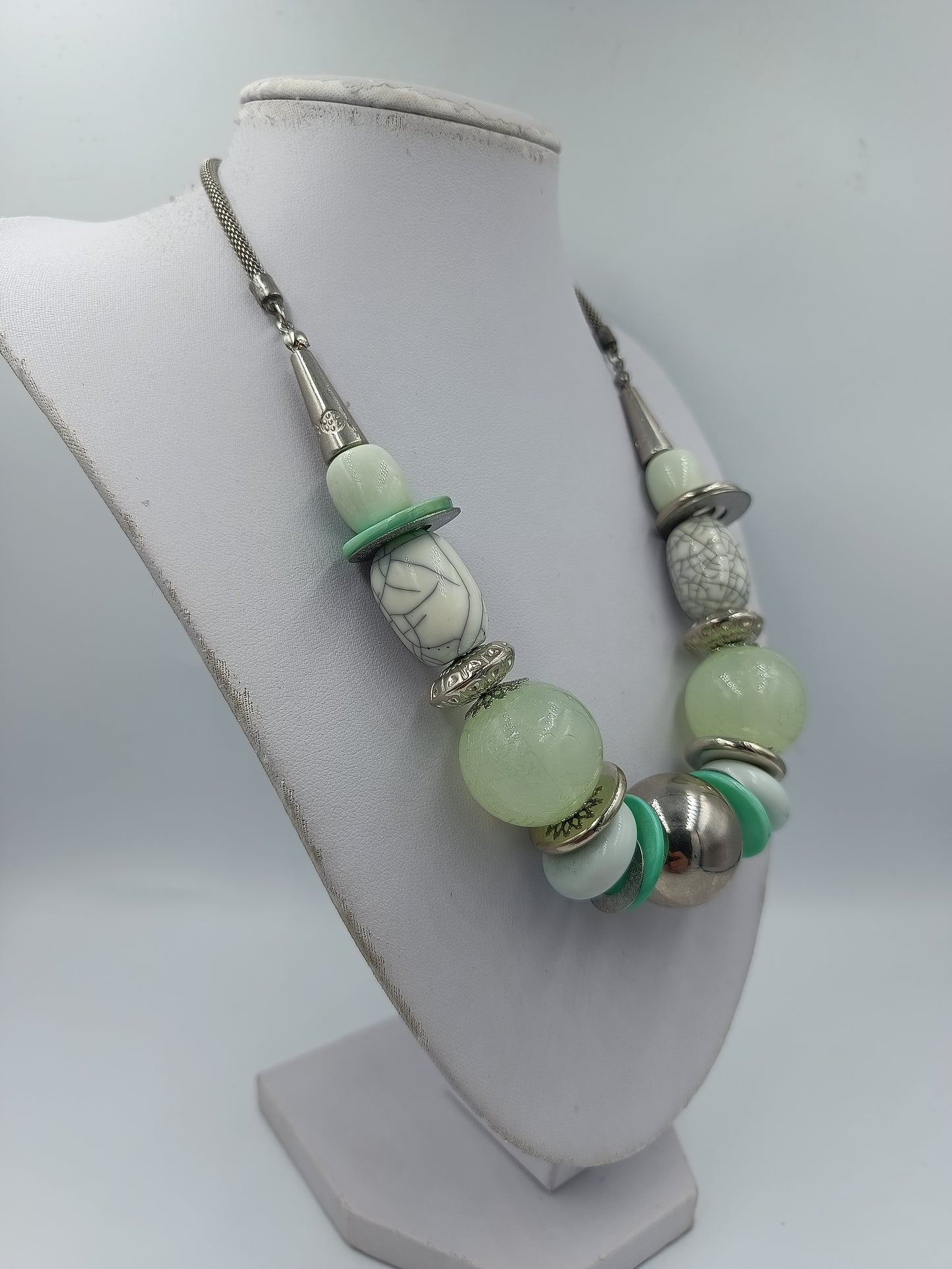 Statement Kette mintgrün silber große Perlen Vintage Design Collier