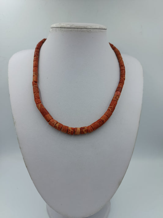 Vintage Halskette rot Naturstein Zylinderperlen Collier Ethno minimalistisch