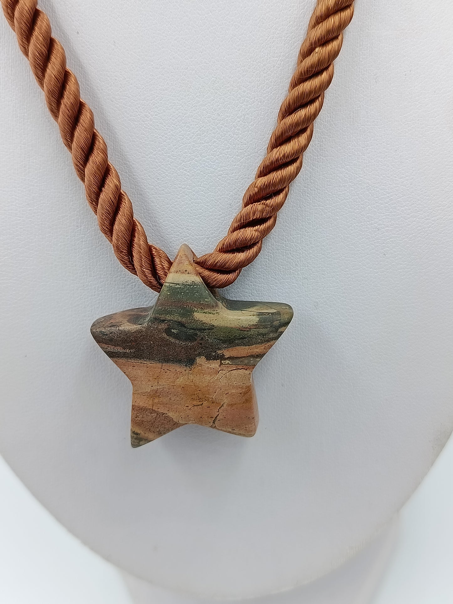 Vintage Halskette Kordel braun mit Stein Anhänger Stern Boho Ethno Statement