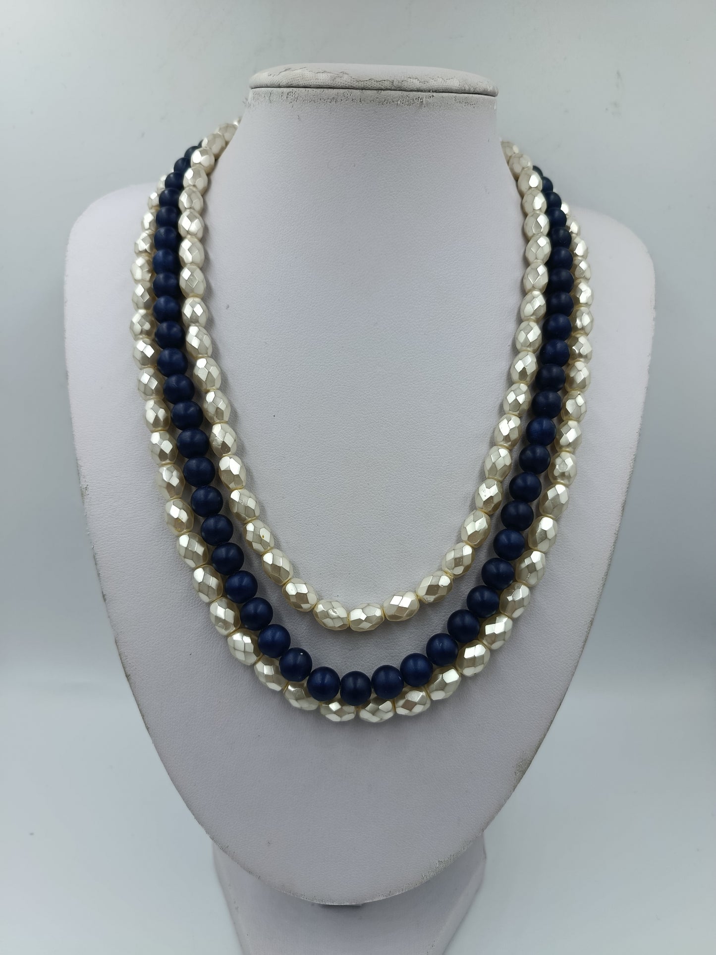 Vintage Mehrreihige Perlenkette Blau Creme