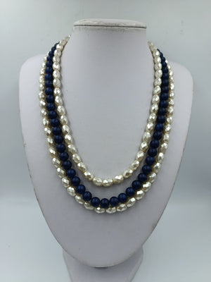 Vintage Mehrreihige Perlenkette Blau Creme