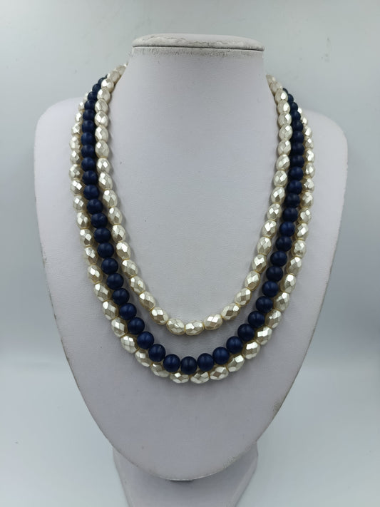 Vintage Mehrreihige Perlenkette Blau Creme