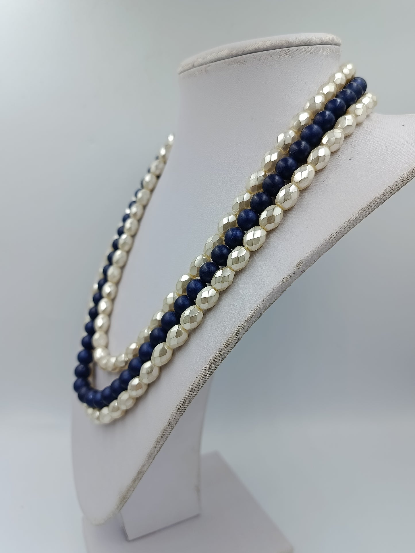 Vintage Mehrreihige Perlenkette Blau Creme