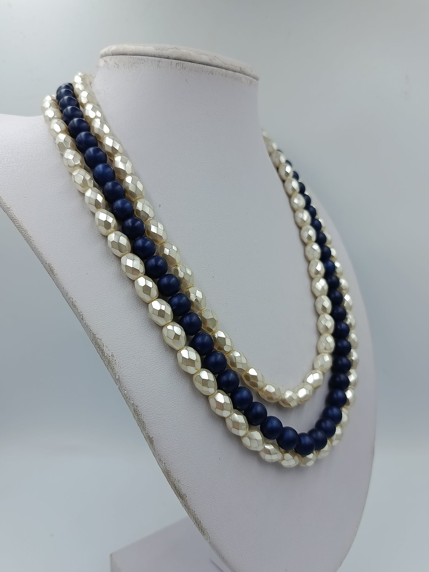 Vintage Mehrreihige Perlenkette Blau Creme