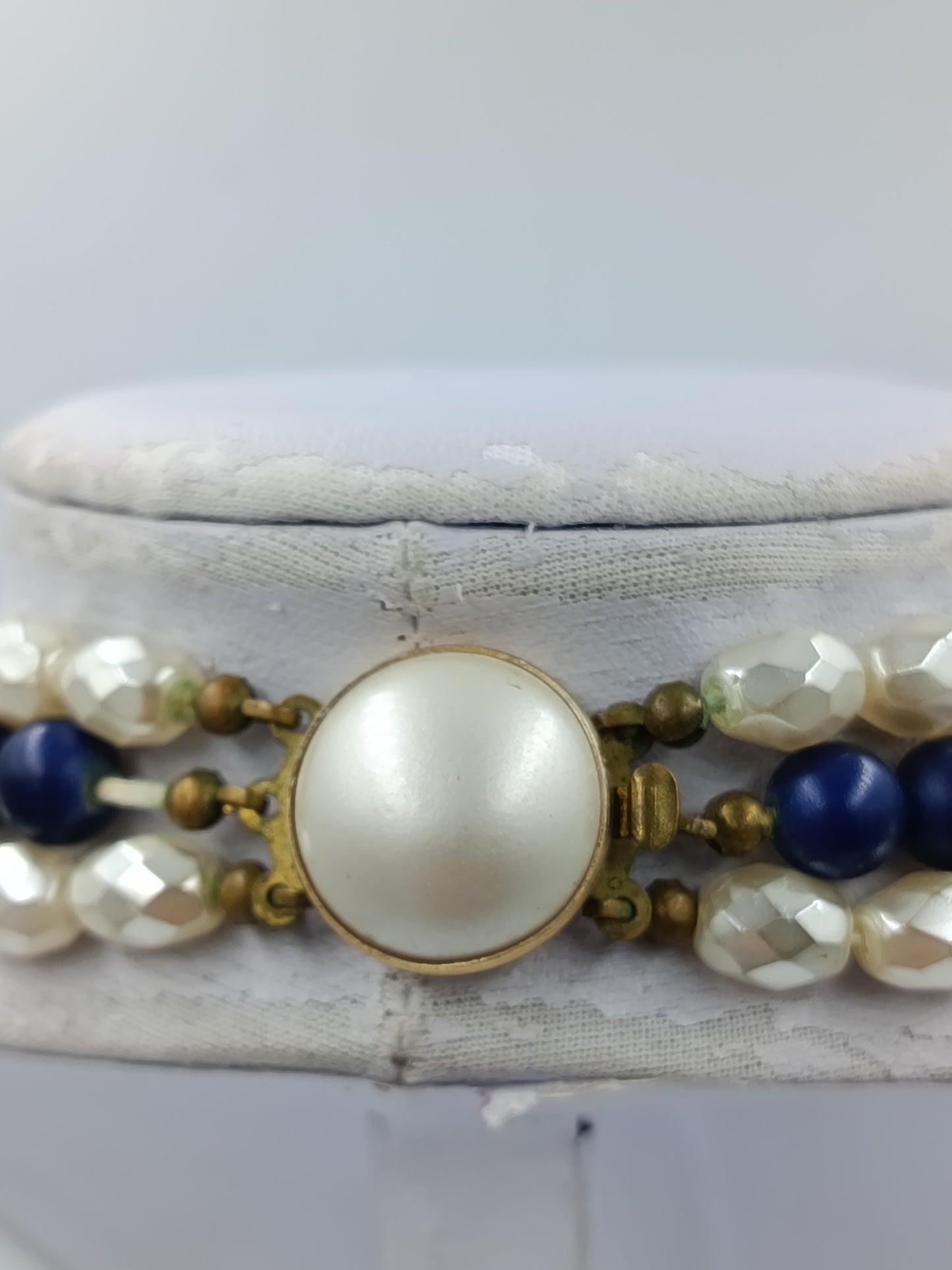 Vintage Mehrreihige Perlenkette Blau Creme
