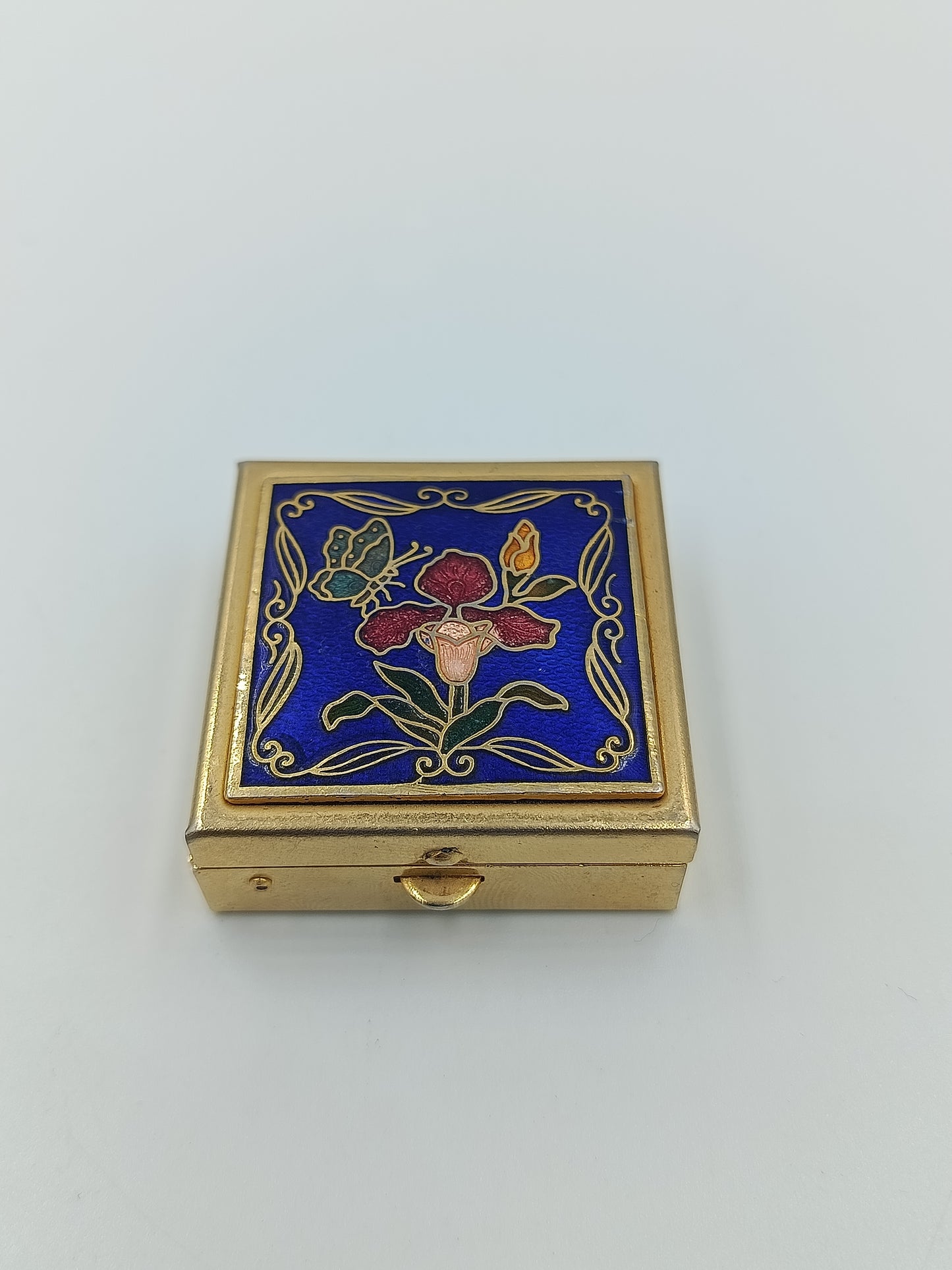 Vintage Schmuckdose Metall mit Emaille Blumenmotiv und Schmetterling dekorativ