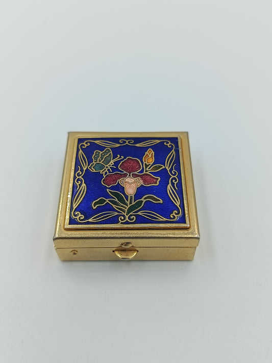 Vintage Schmuckdose Metall mit Emaille Blumenmotiv und Schmetterling dekorativ