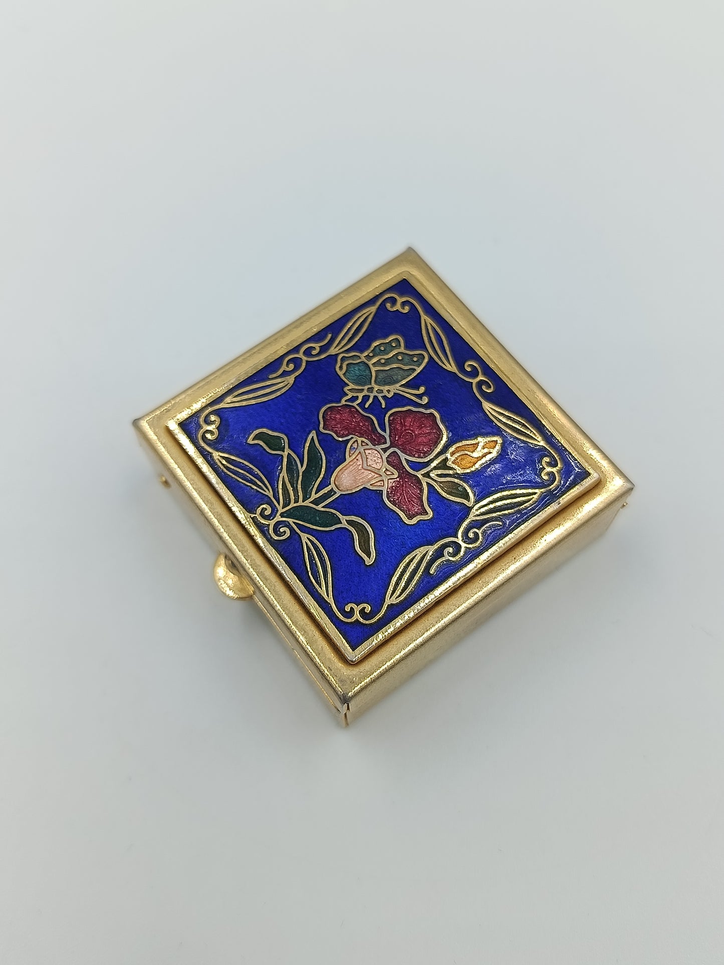 Vintage Schmuckdose Metall mit Emaille Blumenmotiv und Schmetterling dekorativ