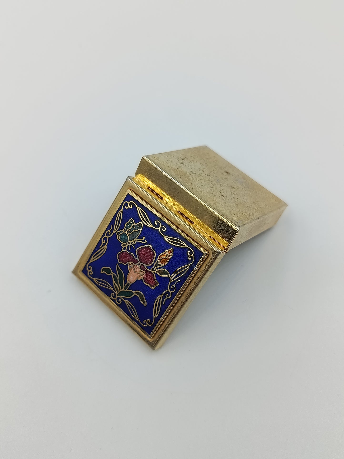 Vintage Schmuckdose Metall mit Emaille Blumenmotiv und Schmetterling dekorativ