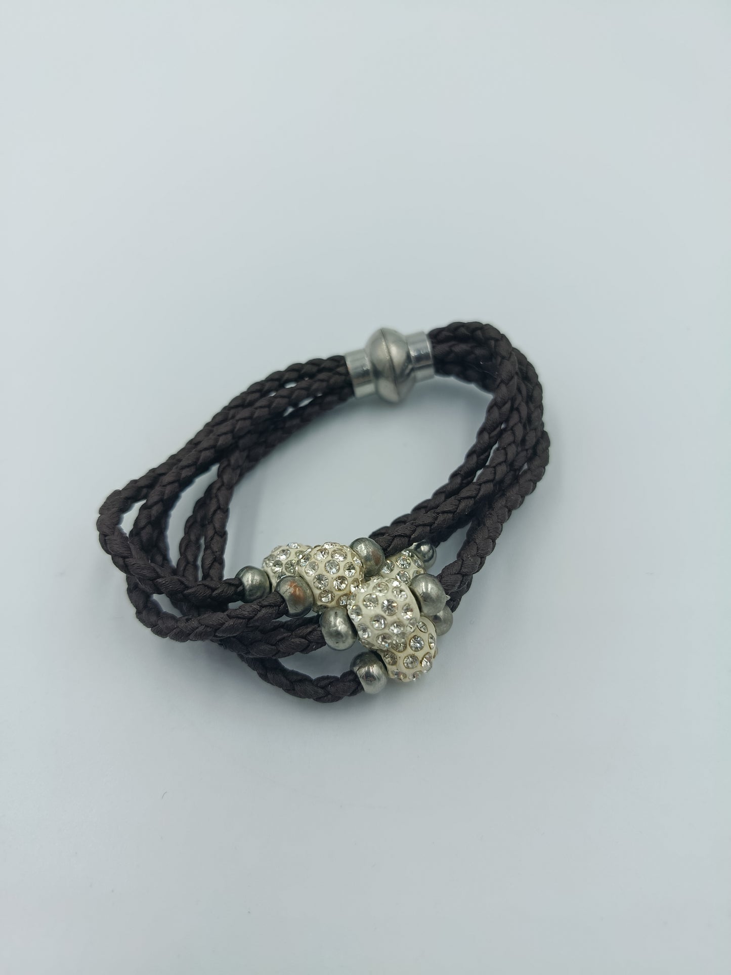 Vintage Lederarmband braun geflochten mit Strass Perlen und Magnetverschluss