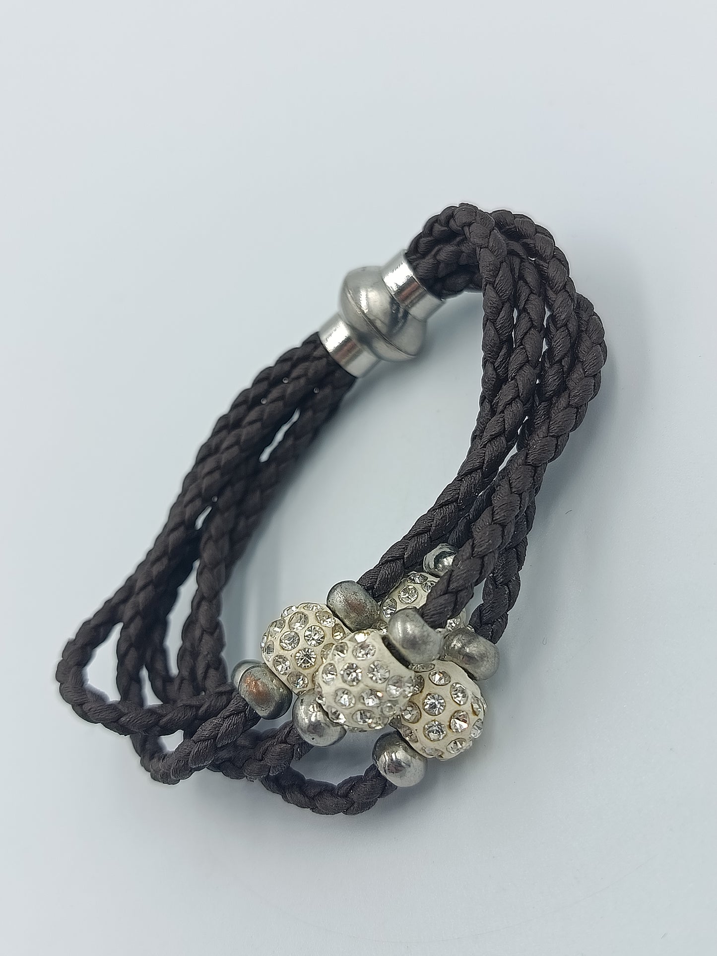 Vintage Lederarmband braun geflochten mit Strass Perlen und Magnetverschluss