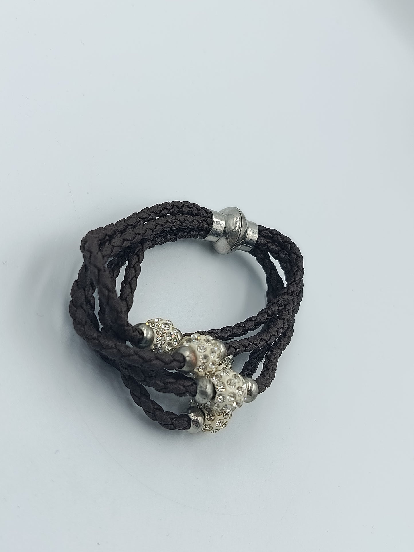 Vintage Lederarmband braun geflochten mit Strass Perlen und Magnetverschluss