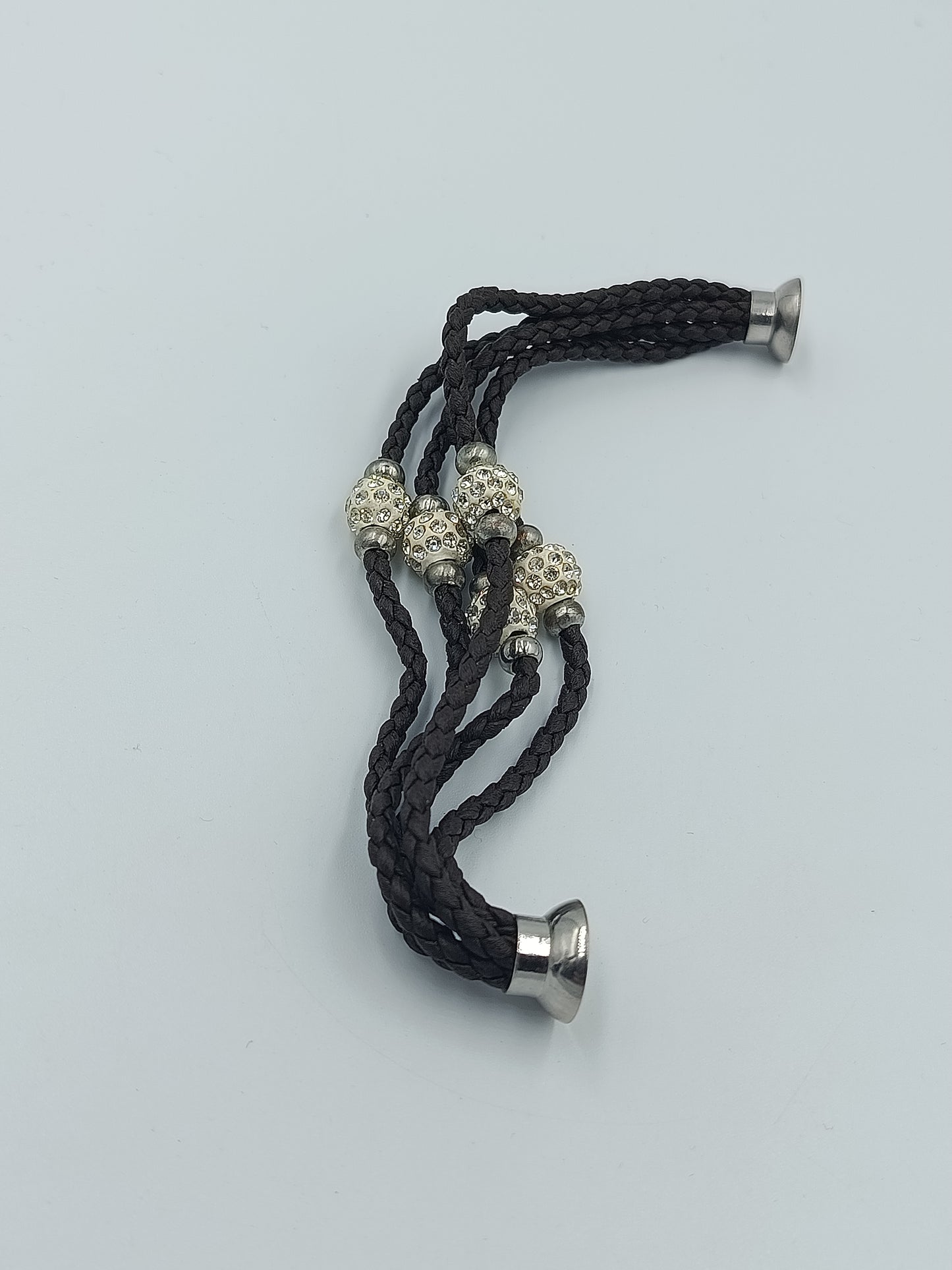 Vintage Lederarmband braun geflochten mit Strass Perlen und Magnetverschluss